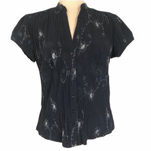 B Moss Navy Embroidered Button Up Blouse Gauze XL
